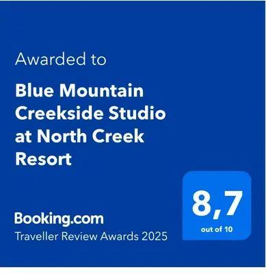 a blue mountain grizzlies studio at north creek resort with a screenshot of a blue at Blue Mountain Creekside Studio at North Creek Resort in Blue Mountains