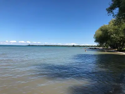 a view of a beach with people swimming in the water at Blue Mountain Creekside Studio at North Creek Resort in Blue Mountains