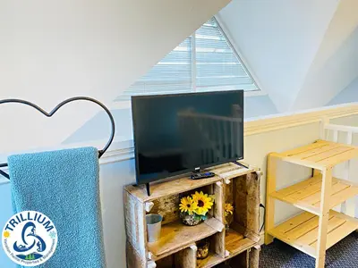 a living room with a flat screen tv on a wooden table at Cozy Studio Loft with 2 Baths Next to Slopes in Blue Mountains