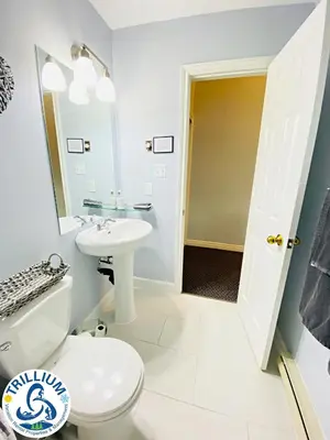 a bathroom with a white toilet and a sink at Cozy Studio Loft with 2 Baths Next to Slopes in Blue Mountains