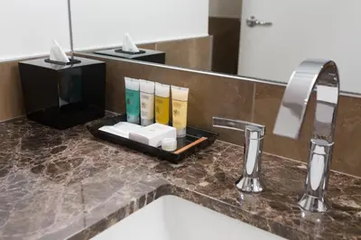 a bathroom counter with a sink and a mirror at Sutton Place Hotel Toronto in Toronto