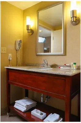 a bathroom with a sink and a mirror at Ramada by Wyndham Niagara Falls/Fallsview in Niagara Falls