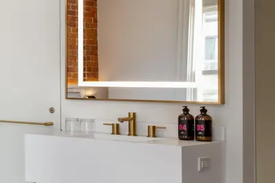 a bathroom sink with two bottles on a shelf under a mirror at Gladstone House in Toronto