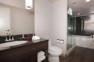a bathroom with a sink and a toilet and a shower at Niagara Falls Marriott on the Falls in Niagara Falls