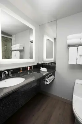 a bathroom with a sink and a mirror and a toilet at Niagara Falls Marriott on the Falls in Niagara Falls