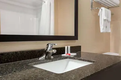 a bathroom with a sink and a mirror at Ramada By Wyndham Niagara Falls near the Falls in Niagara Falls