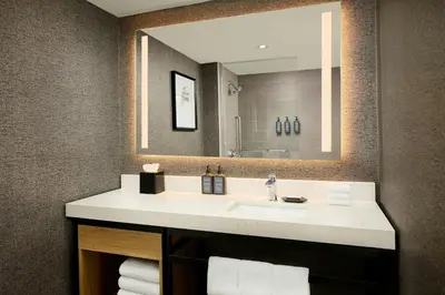 a bathroom with a sink and a large mirror at Sheraton Hamilton Hotel in Hamilton
