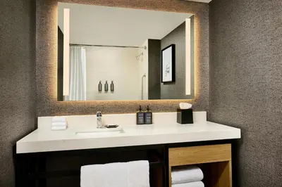 a bathroom with a sink and a large mirror at Sheraton Hamilton Hotel in Hamilton