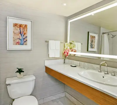 a bathroom with a sink and a toilet and a mirror at Crowne Plaza Toronto - North York by IHG in Toronto
