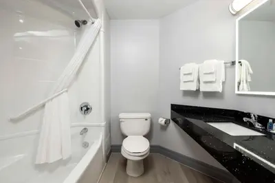 a bathroom with a white toilet and a sink at Comfort Hotel in Niagara Falls