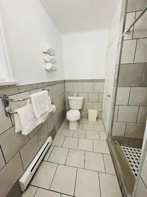 a bathroom with a toilet and a shower with towels at A1 Inn Niagara Falls in Niagara Falls