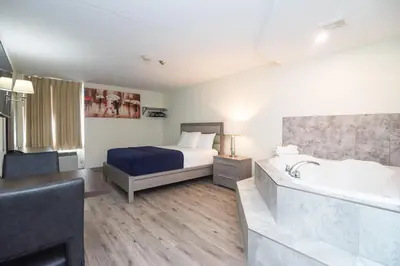 a bedroom with a bed and a tub and a sink at Diplomat Inn in Niagara Falls