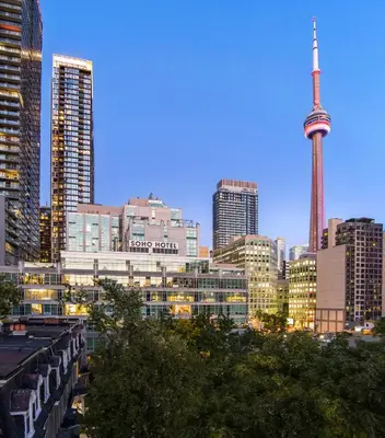 a view of a city skyline with the cn tower at SoHo Hotel Toronto in Toronto