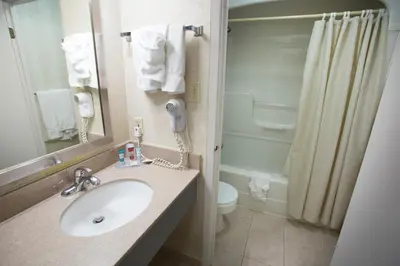 a bathroom with a sink and a toilet and a shower at The Oakes Hotel Overlooking the Falls in Niagara Falls