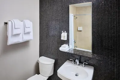 a bathroom with a toilet and a sink and a mirror at Hotel Victoria in Toronto