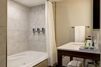 a bathroom with a bath tub and a sink at Four Points by Sheraton St. Catharines Niagara Suites in Thorold