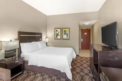 a hotel room with a bed and a flat screen tv at Best Western Plus Travel Hotel Toronto Airport in Toronto