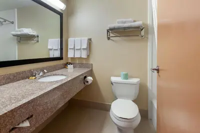 a bathroom with a toilet and a sink and a mirror at Best Western Plus Burlington Inn & Suites in Burlington