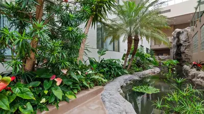 a garden in front of a building with a pond and palm trees at Best Western Plus Lamplighter Inn & Conference Centre in London