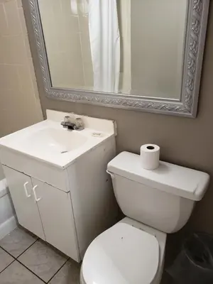 a bathroom with a toilet and a sink and a mirror at Niagara Falls Courtside Inn in Niagara Falls