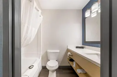 a bathroom with a toilet and a sink and a mirror at Quality Inn & Suites Oakville-Mississauga in Oakville