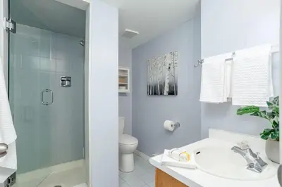 a bathroom with a shower and a sink and a toilet at Wintergreen Haven 85574 in Blue Mountains