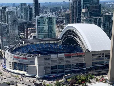 an aerial view of a baseball stadium at Magnificient View next CN Tower/Rogers/Union/MTCC in Toronto