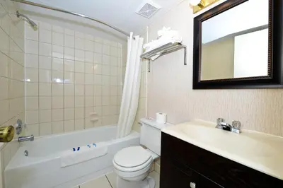 a bathroom with a toilet and a sink and a mirror at Canadas Best Value Inn St. Catharines in St. Catharines