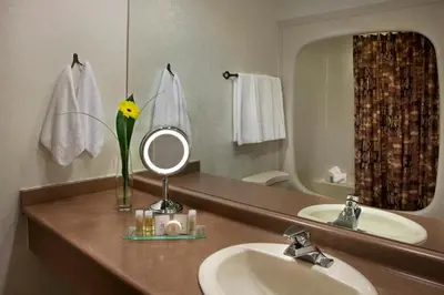 a bathroom with a sink and a mirror and a flower at White Oaks Conference & Resort Spa in Niagara on the Lake
