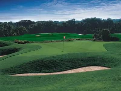 an aerial view of a green golf course at White Oaks Conference & Resort Spa in Niagara on the Lake