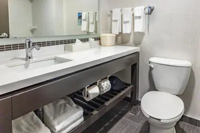 a bathroom with a sink and a toilet and towels at Holiday Inn Hotel & Suites St.Catharines-Niagara by IHG in St. Catharines