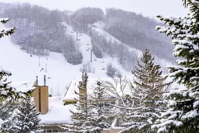a snow covered ski slope with a ski lift at Luxurious Blue Mountain 3BR & 3BTH Walk-in to Village in Blue Mountains