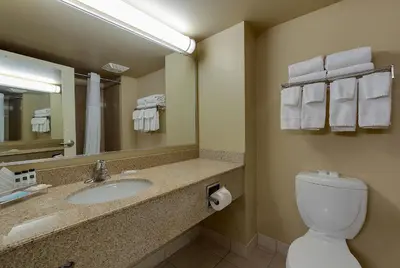 a bathroom with a sink and a toilet and a mirror at Country Inn & Suites by Radisson, Niagara Falls, ON in Niagara Falls