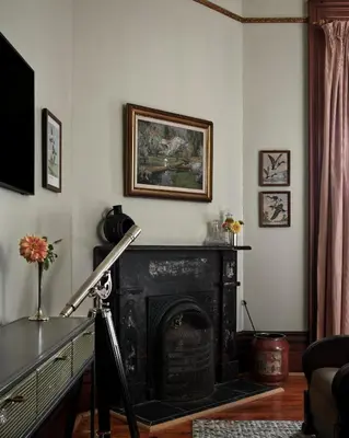 a living room with a black fireplace and a television at The Eddie Hotel and Farm in Bloomfield