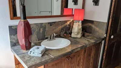 a bathroom counter with a sink and a red vase at The Front Porch Room of a 140-Year-Old Victorian House in Orangeville