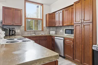 a kitchen with wooden cabinets and stainless steel appliances at 12 Beds Sleep 16 Chalet with HotTub, 2min to Blue in Blue Mountains