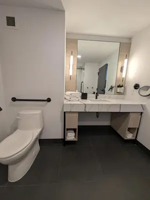 a bathroom with a toilet and a sink and a mirror at Bloom Mississauga, Tapestry Collection By Hilton in Mississauga