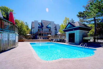 a swimming pool in front of a house at Updated Blue Mountain Studio @ North Creek Resort in Blue Mountains