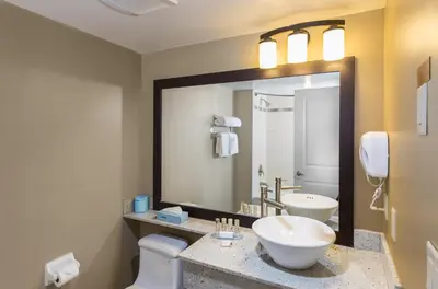 a bathroom with a sink and a toilet and a mirror at Living Water Resort & Spa in Collingwood