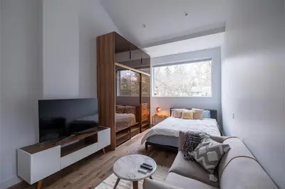 a bedroom with a bed and a tv and a couch at Entire Queen Loft in Toronto