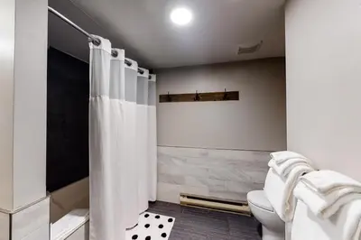 a white bathroom with a shower and a toilet at Wintergreen 127 in Blue Mountains