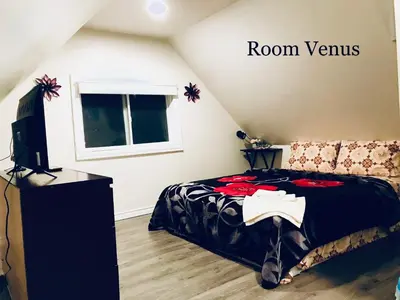 a bedroom with a bed and a tv and a window at Cheerful residence in Niagara Falls
