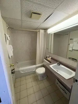 a bathroom with a sink and a toilet and a mirror at 6032 Persepolis Inn in Niagara Falls