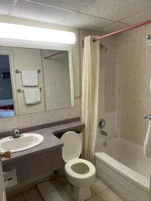a bathroom with a toilet and a sink and a tub at 6032 Persepolis Inn in Niagara Falls