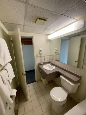 a bathroom with a sink and a toilet and a mirror at 6032 Persepolis Inn in Niagara Falls