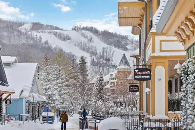 a street covered in snow with people walking down it at Blue Mtn Getaway in Historic Snowbridge Chalet in Collingwood
