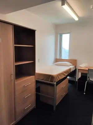 a bedroom with a bed and a dresser and a closet at Toronto Metropolitan University-Daphne Cockwell Complex Residence in Toronto