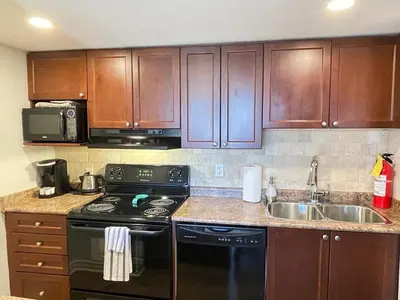 a kitchen with a black stove and a sink at Modern Mountainside Ski In/Ski Out Studio at Blue in Blue Mountains
