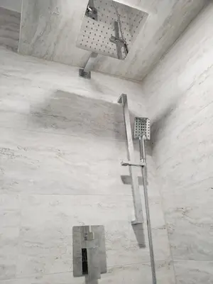 a shower in a white room with a light at Home Stay near the Airport in Mississauga