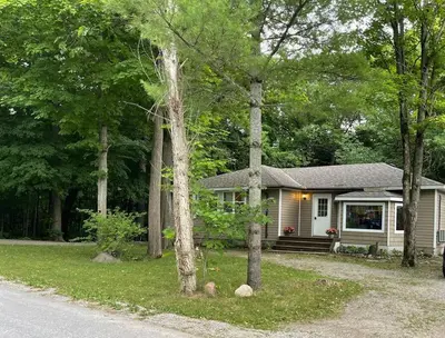 a small house in the middle of some trees at Cheerful 4-bedroom cottage in nature setting in Waubaushene